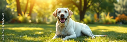 A cheerful yellow Labrador retriever lies contentedly in a lush green park