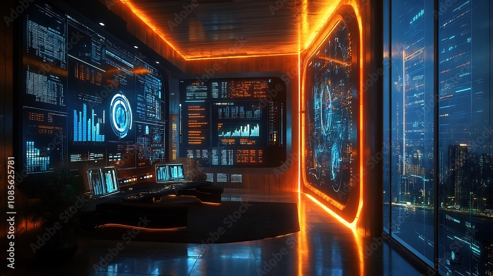 Obraz premium Futuristic office environment featuring interactive digital walls displaying vibrant financial charts glowing projections comprehensive business insights