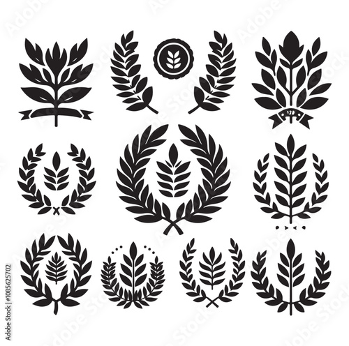 laurel wreath Vector Black silhouettes icon set.