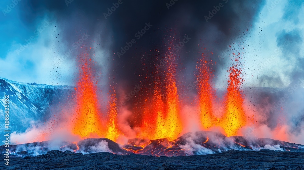 Majestic Eruption of a Volcano with Bright Lava Fountains Illuminating the Dark Sky and Creating a Stunning Natural Light Display Majestic Eruption of a Volcano with Bright Lava Fountains Illuminating the Dark Sky and Creating a Stunning Natural Light Display