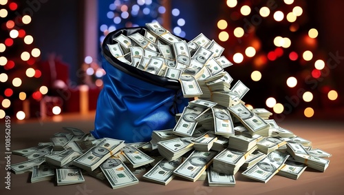 blue bag full of dollar bills, on bokeh background