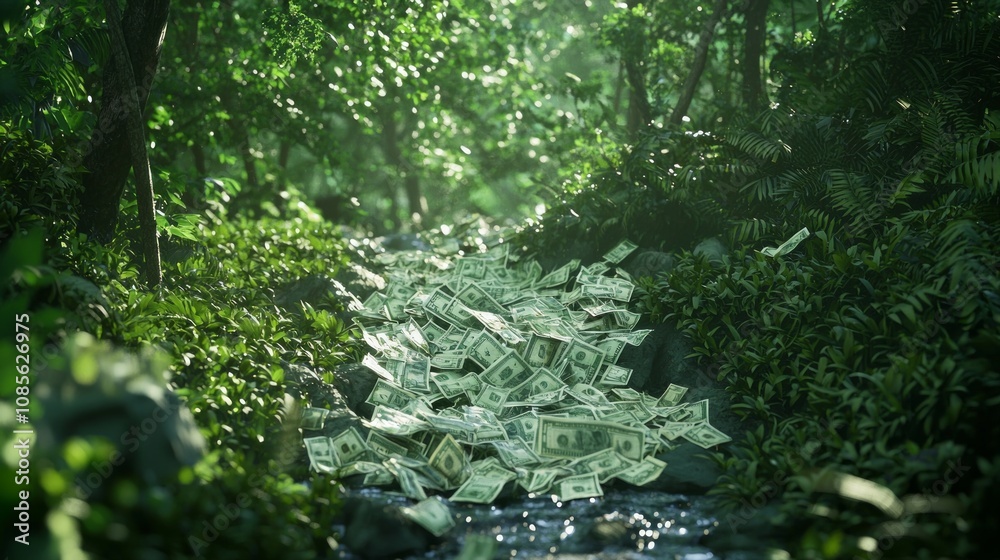 Fototapeta premium Wealth in Nature: Tranquil Landscape with River of Banknotes Flowing Through Lush Greenery