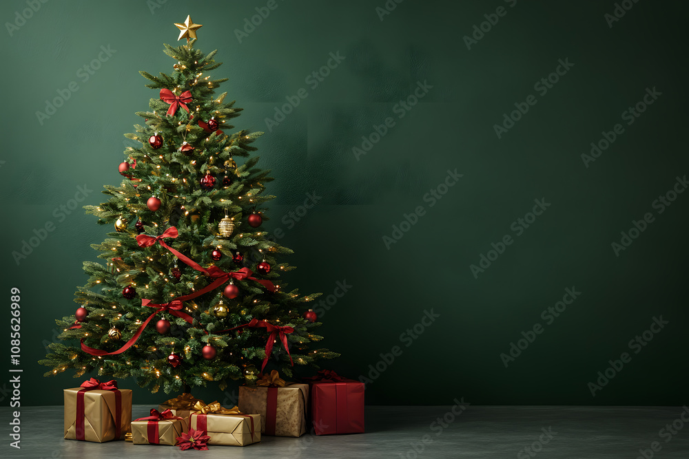 Decorated Christmas tree on green night background. Happy Holidays. Leave space for text.