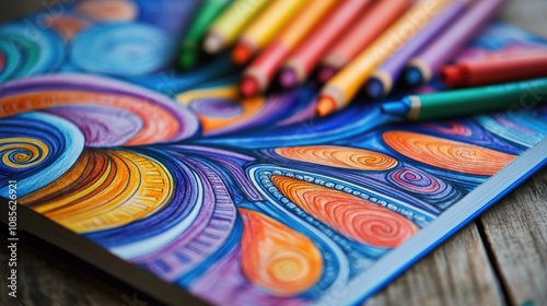 Vibrant Abstract Colored Pencil Artwork with Swirling Patterns and Bright Colors on a Wooden Table Surface photo