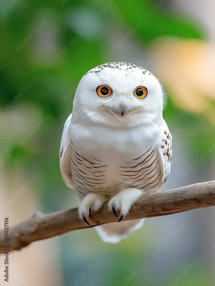 Fototapeta premium a snowy owl with white feathers and gray speckles, isolated on a solid light beige background,
