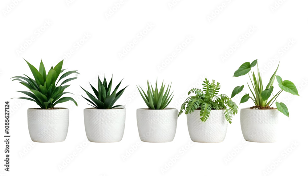 Fototapeta premium Variety Of Potted Houseplants Displayed Against A Black Background