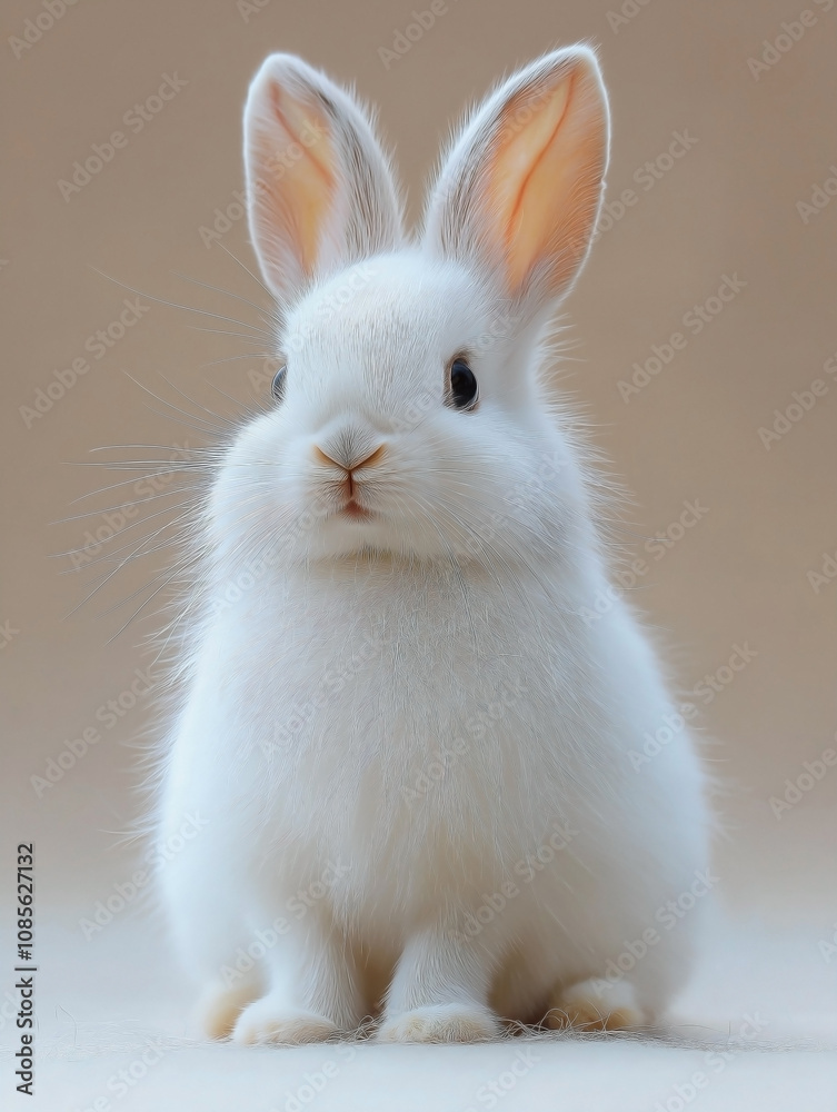 a snow hare with fluffy white winter fur, isolated on a solid light beige background a snow hare with fluffy white winter fur, isolated on a solid light beige background