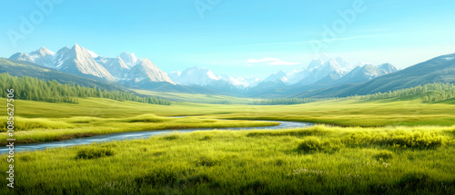 Serene mountain landscape with a winding river and lush meadows