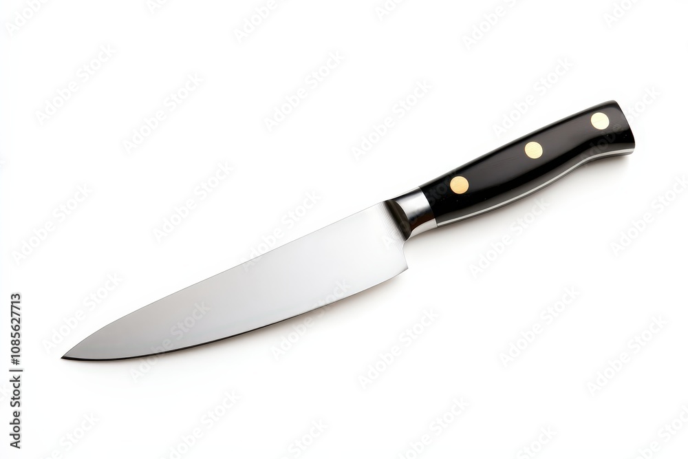 A sharp kitchen knife with a black handle, ideal for chopping and slicing ingredients. A sharp kitchen knife with a black handle, ideal for chopping and slicing ingredients.