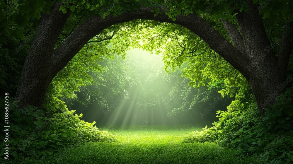 Fototapeta premium A serene view of sunlight filtering through lush green trees in a tranquil forest.
