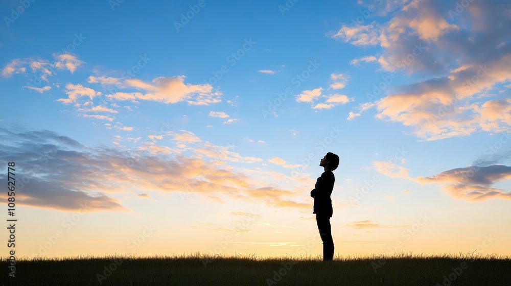 Fototapeta premium A silhouette of a person against a vibrant sunset sky, reflecting upon life.