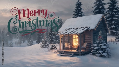 Cozy Winter Cabin with Christmas Greetings in a Snowy Forest - AI generated