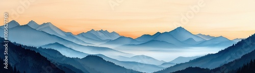 A serene mountain landscape at dawn, featuring layered hills and a soft gradient sky transitioning from blue to warm hues.