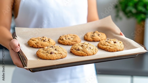 A person holding a tray of freshly baked chocolate chip cookies, ready to be enjoyed in a cozy kitchen setting.