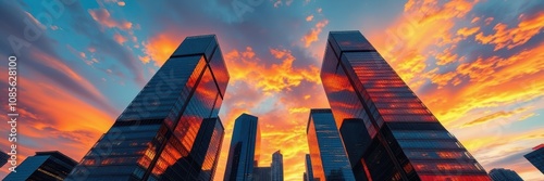 Modern skyscrapers are silhouetted against a dramatic sunset photo