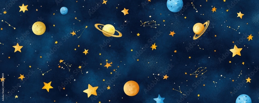 A whimsical cosmic pattern featuring planets and stars against a deep blue background. A whimsical cosmic pattern featuring planets and stars against a deep blue background.