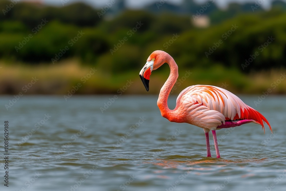 Fototapeta premium Group birds of pink African flamingos walking around the green lagoon - Wild African birds, Namibia . Beautiful simple AI generated image