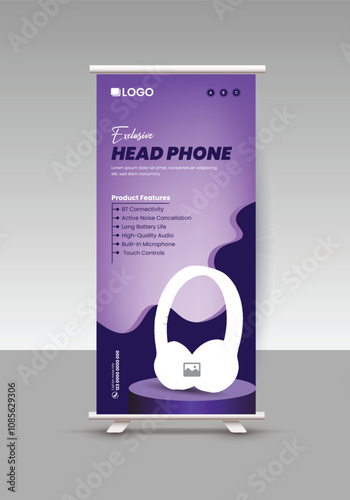 Music devices sale roll-up banner or Black Friday headphone sale pop-up banner design template