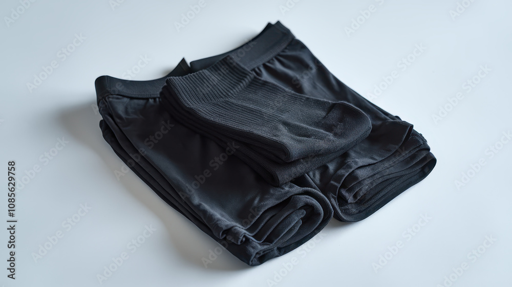 A neatly arranged set of black sports shorts and a pair of black athletic socks, showcasing a sleek and minimalistic style. Perfect for workout attire. A neatly arranged set of black sports shorts and a pair of black athletic socks, showcasing a sleek and minimalistic style. Perfect for workout attire.