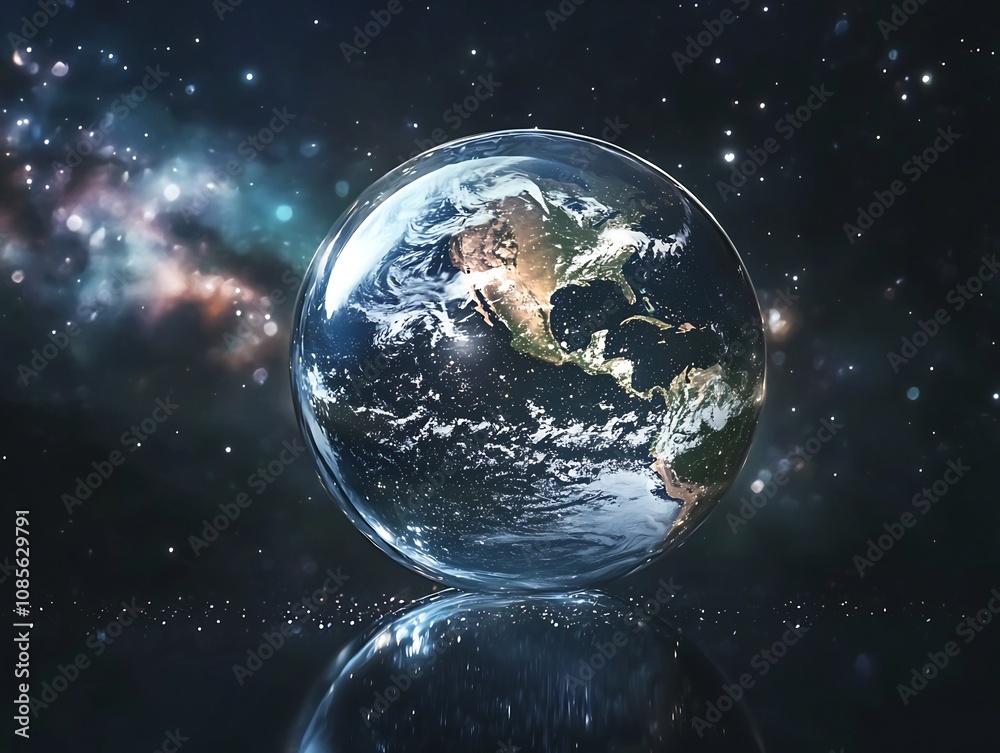Naklejka premium Planet Earth Encased in a Luminous Crystal Sphere Floating in the Shimmering Cosmos