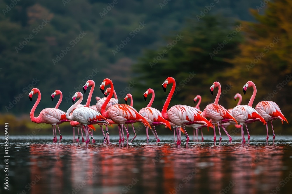 Naklejka premium gathering of pink flamingos amidst long-legged companions in a wetland. Beautiful simple AI generated image