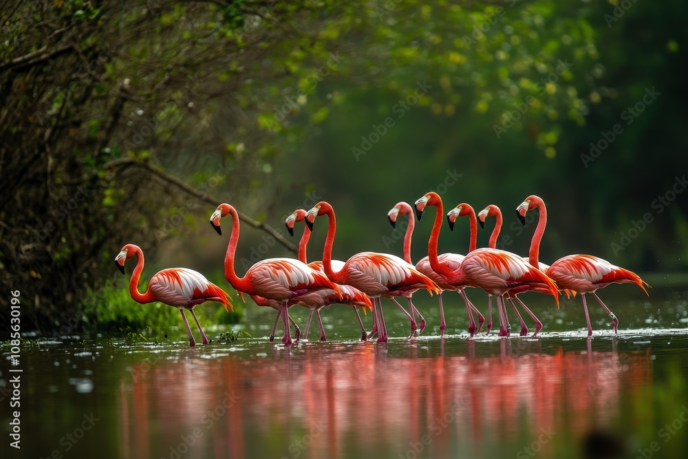 Naklejka premium Greater Flamingos - Phoenicopterus roseus- along the shores of Walvis Bay, Namibia.. Beautiful simple AI generated image