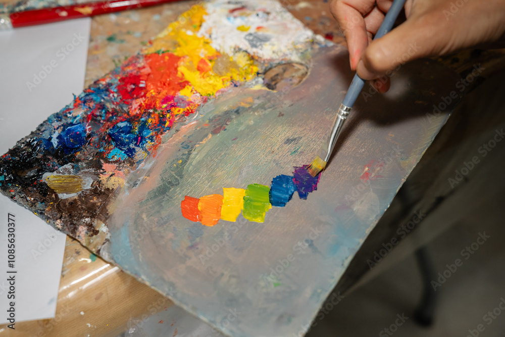Artist mixing oil paints on palette creating rainbow colors Artist mixing oil paints on palette creating rainbow colors