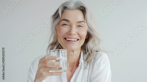 elderly woman with gray hair, laughs and holds a glass of water in her hand, drinks, spreads health, neutral background