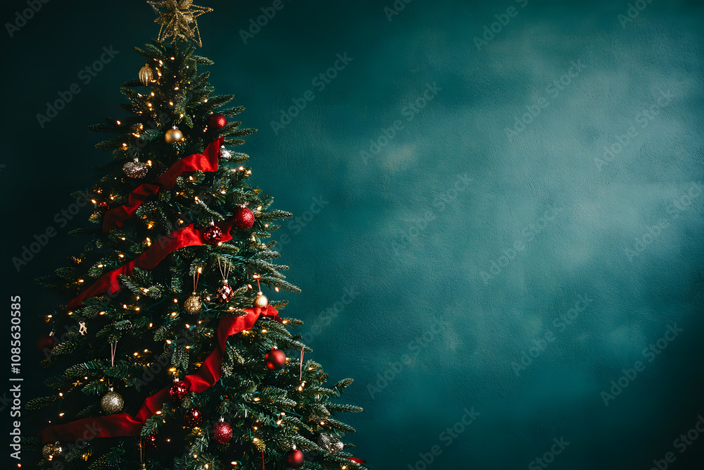 Decorated Christmas tree on green night background. Happy Holidays. Leave space for text. Decorated Christmas tree on green night background. Happy Holidays. Leave space for text.