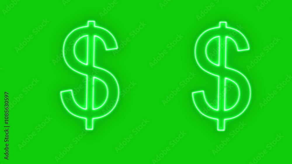 Dollar sign and emoticon with neon light in 2D animated blinking mode on green screen chroma key background, ideal for finance visuals, stock market animations, or money-themed video overlays. Dollar sign and emoticon with neon light in 2D animated blinking mode on green screen chroma key background, ideal for finance visuals, stock market animations, or money-themed video overlays.