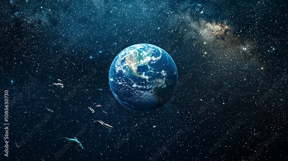 Fototapeta premium Planet Earth Floating in Ocean of Stars with Marine Creatures Swimming Through Cosmic Scenery