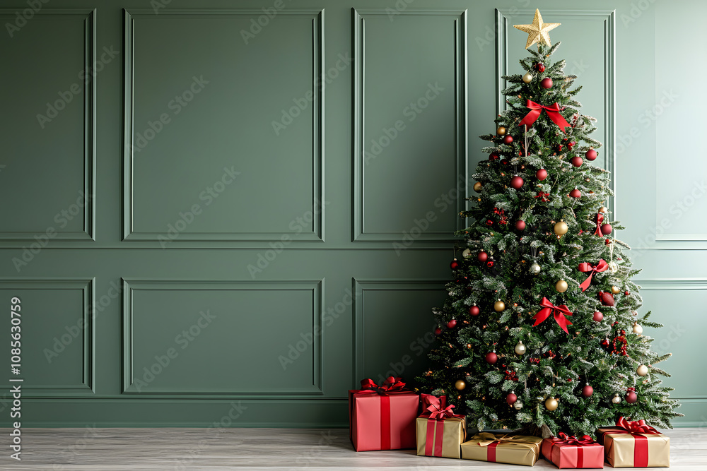 Decorated Christmas tree on green night background. Happy Holidays. Leave space for text. Decorated Christmas tree on green night background. Happy Holidays. Leave space for text.
