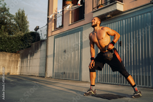 Muscular bodybuilder guy doing exercises with dumbbell