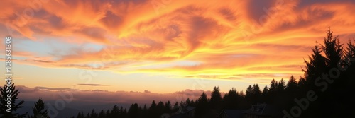 Silhouetted trees stand against a dramatic sunset