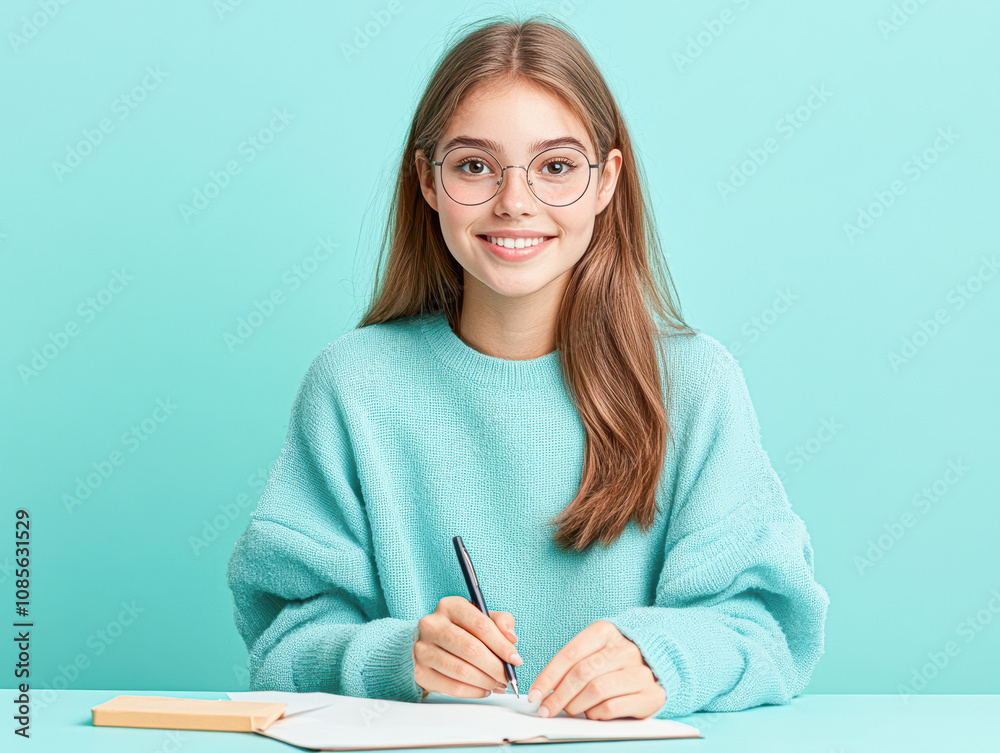 Young student smiling while writing in notebook against a bright turquoise background showcasing a joyful learning environment Young student smiling while writing in notebook against a bright turquoise background showcasing a joyful learning environment