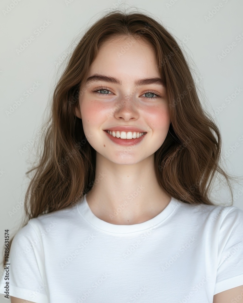 The beautiful portrait of a smiling girl model with natural makeup on white background shows the concept of healthy facial skin. The beautiful portrait of a smiling girl model with natural makeup on white background shows the concept of healthy facial skin.