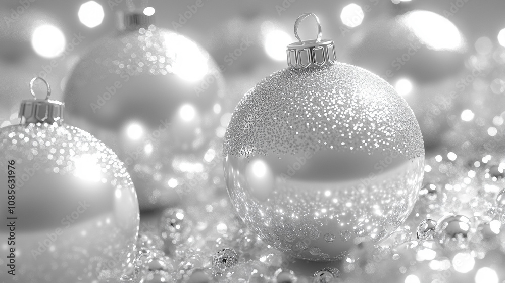 3D rendering of a white and silver Christmas background, featuring soft glowing elements, snowflakes, and abstract decorations, evoking a serene and festive holiday atmosphere 3D rendering of a white and silver Christmas background, featuring soft glowing elements, snowflakes, and abstract decorations, evoking a serene and festive holiday atmosphere