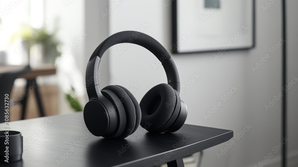 Elegant Black Headphones on a Minimalist Desk with Modern Decor and Soft Natural Light Illuminating the Contemporary Home Office Setting Elegant Black Headphones on a Minimalist Desk with Modern Decor and Soft Natural Light Illuminating the Contemporary Home Office Setting