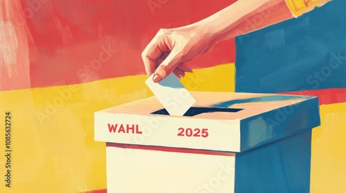 Wählen im Jahr 2025 Eine Hand wirft einen Stimmzettel in eine mit Wahl 2025 gekennzeichnete Box, die aktive Teilnahme an der Demokratie symbolisiert photo