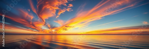 Striking sunset colors fill the sky, reflecting on the tranquil ocean surface