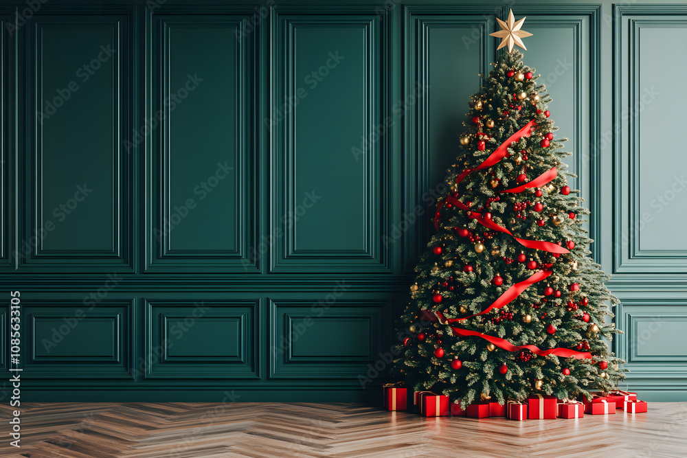 Fototapeta premium Empty of Christmas Blurred on Background. Blank Christmas. Gifts. Christmas Trees. Product Mockup. Copy space.