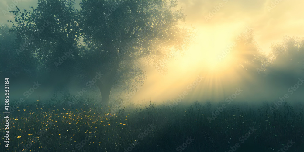 Fototapeta premium Misty Sunrise Meadow 3D Illustration