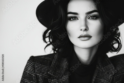 Young model with eighties make-up looking at the camera. Beautiful simple AI generated image