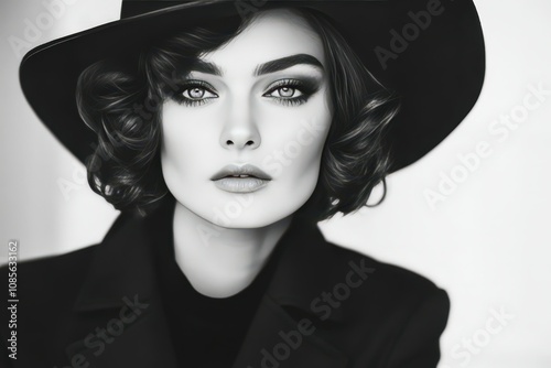 Classic beauty model pose with vintage Hollywood-inspired makeup, red lips, and soft curls. Beautiful simple AI generated image