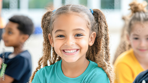 A joyful portrait of a young girl with beautiful curly hair and a bright smile in a group setting capturing the essence of childhood happiness and connection