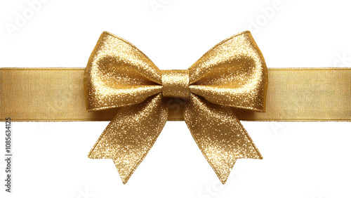 Bow made from golden satin ribbon on white background