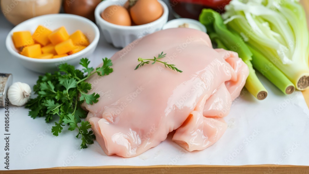 Fresh Ingredients for Delicious Homemade Meal Preparation - Chicken, Vegetables, and Herbs Fresh Ingredients for Delicious Homemade Meal Preparation - Chicken, Vegetables, and Herbs