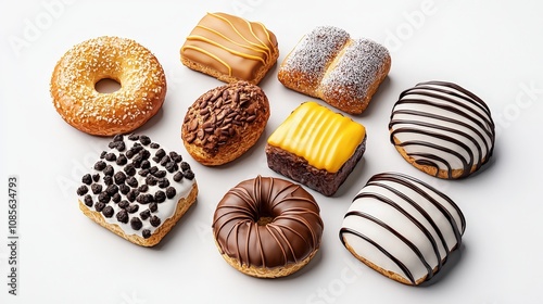 Assorted Baked Snacks and Treats Displayed on White Background, Featuring Donuts and Pastries with Various Toppings and Icing for Food Photography photo