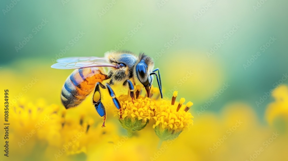 Bee Collecting Pollen on Yellow Flower Bee Collecting Pollen on Yellow Flower