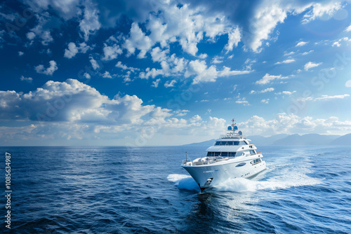 Luxury private big motor yacht in tropical sea with blue wave